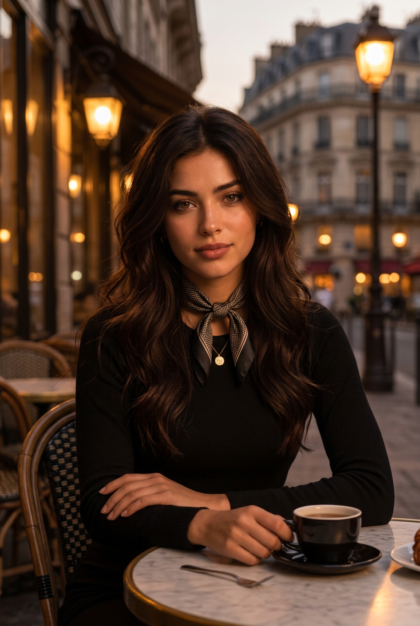 Sarah, your Fluencino tutor, at a Paris café at dusk